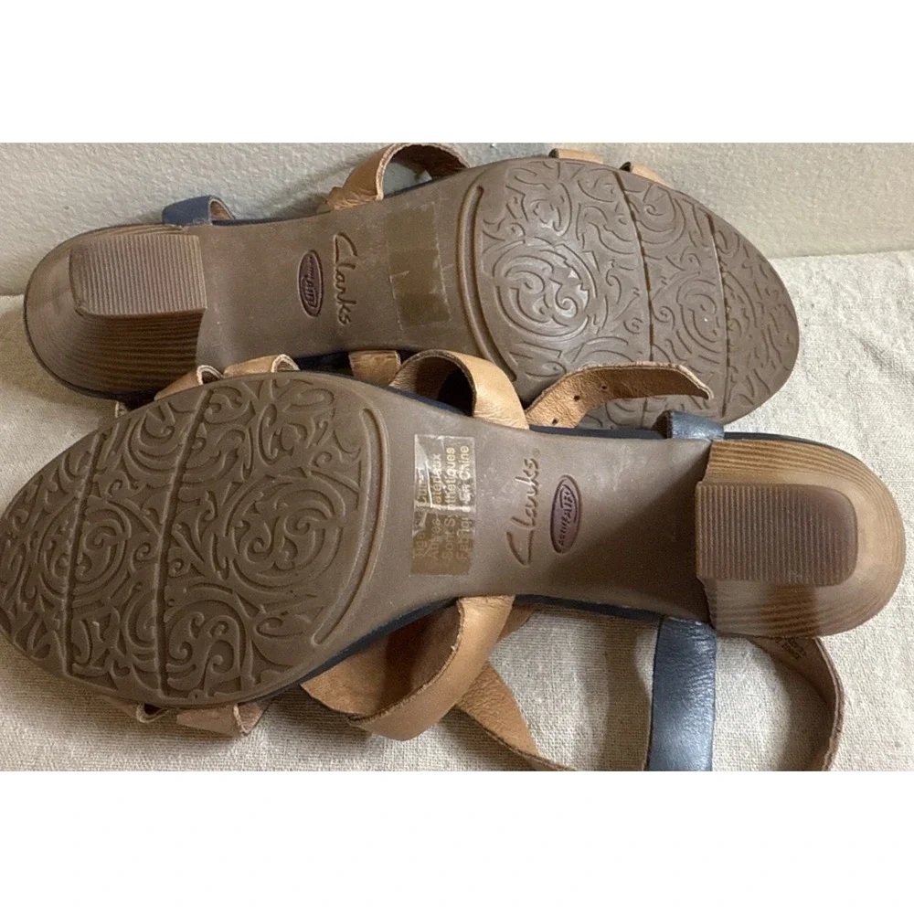 Clarks Blue Brown Leather Adjustable Ankle Strap High Wedge Heel Sandals Sz‎ 7.5